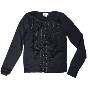 LOFT Navy Blue Button-Up Cardigan with White Ruffle Trim